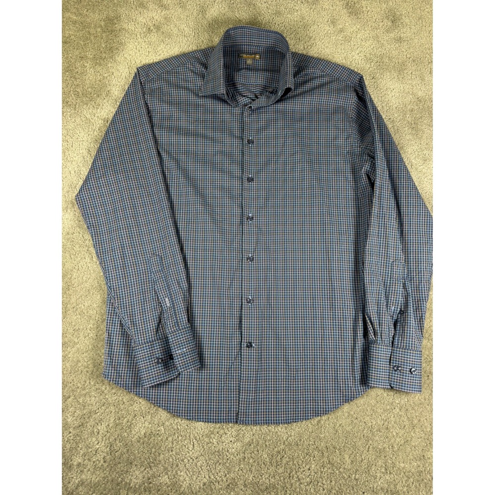 Peter Millar Summer Comfort Mens Large Blue Plaid Long Sleeve Button Down Shirt